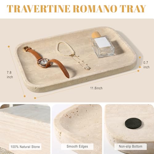 Koville Romano Travertine Tray, 12"x8" Natural Stone Vanity Tray for Countertop Bathroom Kitchen Dresser, Decorative Marble Catchall Trays for Perfume Jewelry, Rectangular Serving Tray(Beige) - color: Travertino Romano