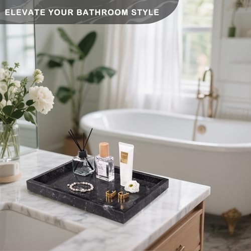 Marble Bathroom Tray for Countertop & Home Decor, Natural Decorative Marble Tray for Jewelry & Perfume Organizer, Luxury Stone Vanity Trays for Dresser, Kitchen Counter, 12" x 8", Gray Black - color: Gray Black