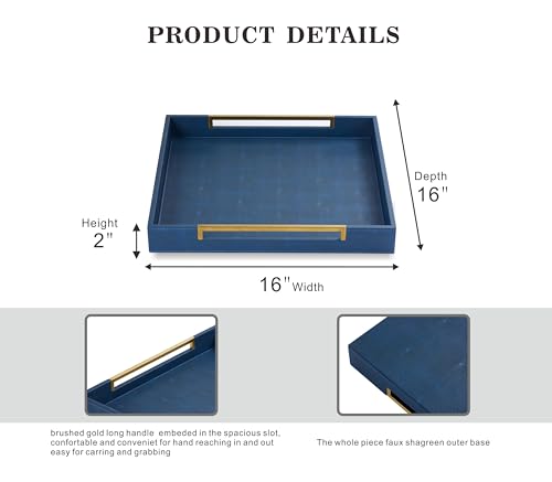 16x16 Inch Navy Blue Square Decorative Tray for Ottoman Coffee Table Faux Shagreen Leather Large Serving Tray Serving Food for Bar, Dinner, Party (Blue-Gold, Square 16") - color: Blue-gold, size: 16" x 16" x 2"