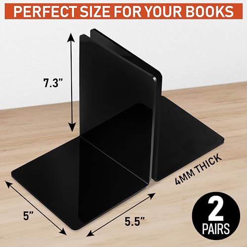 Acrylic Bookends, 2 Pairs of Black Invisible Ends for Shelves, 4mm Heavy-Duty Non-Skid Holders for DVDs, CDs, Video Games, and Books. Stoppers for Home, Office, or Library Organization (Black) - color: Black