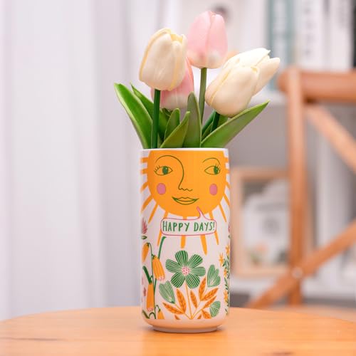 MOUGIGI Cute Small Ceramic Flower Vase-Colorful Boho Unique Round Design with Lively Smiley Patterns-Dopamine Decor Multi Use as Makeup Brush Holder, Pencil Pen Cup-Perfect for Weddings, Mother's Day - color: Sun Vase