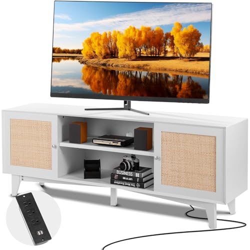 VEVOR Rattan TV Stand for 75in TV, Boho TV Stand with Rattan Door, Entertainment Center with Build-in Socket, Storage Cabinet with 2 Shelves, Modern TV Console for Living Room, Media Room, White - color: White, size: for 75" TVs