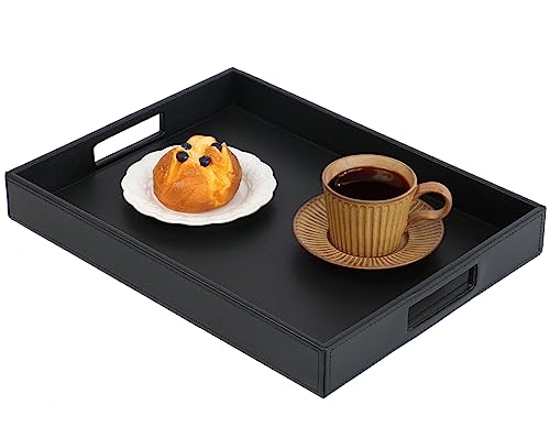 HofferRuffer Rectangle Serving Tray with Hole Handles for Coffee Table, Breakfast, Tea, Food, Butler - Countertop, Kitchen, Vanity Serve Tray, 16.2 x 12.2 x 2 inches, Faux Leather Tray (Black) - color: Black, size: 16.2" x 12.2" x 2"