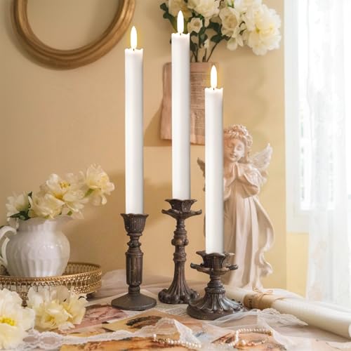 GenSwin Flameless White Taper Candles Flickering with 10-Key Remote, Battery Operated Led Warm 3D Wick Light Window Candles Real Wax Pack of 3, Christmas Home Wedding Decor(0.78 X 9.64 Inch) - color: 3-White