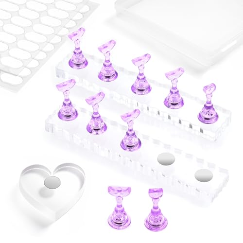 Nail Stand For Press On Acrylic Strong Magnetic Nail Holder Kit For Painting Nails Tip Arts Display With 200PCS Double-Sided Tape And 1 Heart Shaped Acrylic Magnetic Presson Stand (Clear And Purple, Medium) - color: Clear And Purple, size: Medium