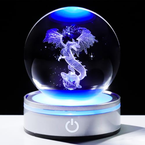 Arikyrist 3.15in. 3D Dragon Crystal Ball Gifts for Women Men, K9 Crystal Decorative Ball Engraved Dragon Figurine Paperweight with LED Light Base for Home Office Decoration for Birthday Christmas - color: Dragon