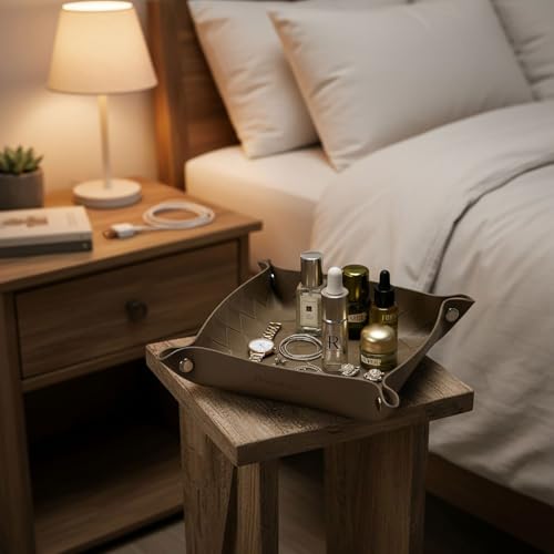 UnionBasic Small Valet Tray, Jewelry Tray for Rings Watches Earrings, Entryway Catchall Caddy for Coins Keys Change, Nightstand Bedside Valet Holder, Trays for Electronic Gadgets, Woven Tobacco Brown - color: Woven Tobacco Brown, size: 5.4" x 5.4" x 1.6"