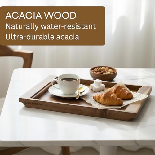 PANDAWOOD Wood Serving Tray - Large Acacia Wooden Tray for Coffee Table Ottoman - Ottoman Tray Decor - Rectangle Wood Tray for Kitchen Counter 15.7"x11"