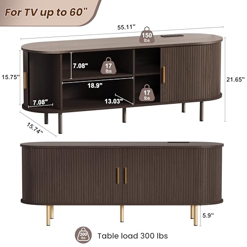 DHH 55 Inch Mid Century Modern TV Stand with Power Outlet for TVs up to 60 Inch, Entertainment Center with Storage and Adjustable Shelves, Media Console with Sliding Doors for Living Room(Dark Walnut) - color: Dark Walnut, size: 55 Inch