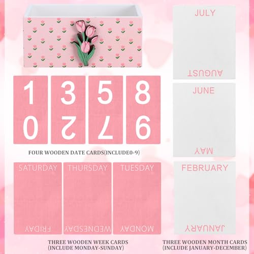 AceOrbit Pink Tulip Wood Block Perpetual Calendar Coquettish Desk Decor Cute Month Week Date Display Decorative Block Calendar for Women Office Home Desk Gift for Women - style: Pink Tulips