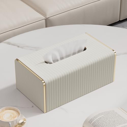 Tissue Box Cover,White Rectangle Leather Tissue Box Holder with Gold-Tone Edging Decoration,Decorative Tissue Cover for Bathroom Toilet Bedroom Living Room Table Desk Office (White, Rectangle) - color: Cream White, size: Rectangle Standard