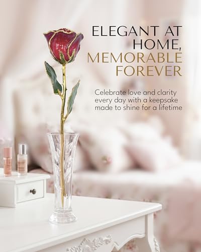 Forever Rose Hand-Dipped in 24K Gold, Ruby Red-Inspired July Birthstone with Sparkles, Real Rose in Luxury Gold Gift Box & Clear Glass Bud Vase –Perfect Ready to Gift for July Birthday or Any Occasion - color: July Ruby