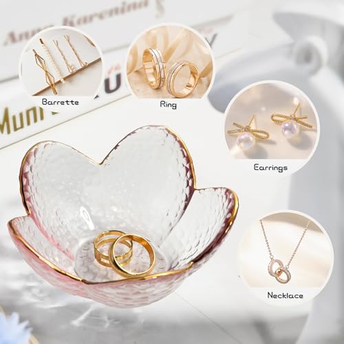 Pink Flower Jewelry Trinket Dish, Glass Ring Holder Tray, Small Trinket Bowl Gifts for Women - color: golden-edged pink