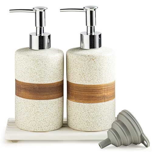 2-Pack Ceramic Soap Dispensers Set, Includes Stainless Steel Pump, Silicone Funnel and Diatomaceous Tray, Hand Soap, Dish Soap, Shampoo and Conditioner Dispenser for Bathroom & Washroom, White - color: White and White, size: 2xSoap Dispenser Set with Tray