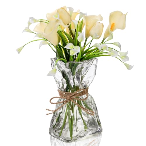 Covzoe Glass Vase, 8.7 Inch Tall Irregular Shaped Flower Vase with Hemp Rope, Clear Art Decorative Vases, Modern Home Bouquet Vases for Wedding, Living Room, Dining Table, Office