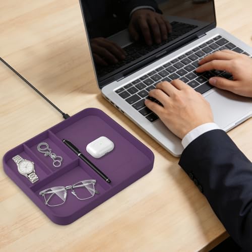 VOVIPO Faux Leather Valet Tray,with 2 in 1 Wireless Charging Compitable With iPhone/17/16/15/15 Plus/15 Pro/15 Pro Max/14/13/12/Wireless earphones,Office/Home Desk Organizers Tray-Purple - color: Purple