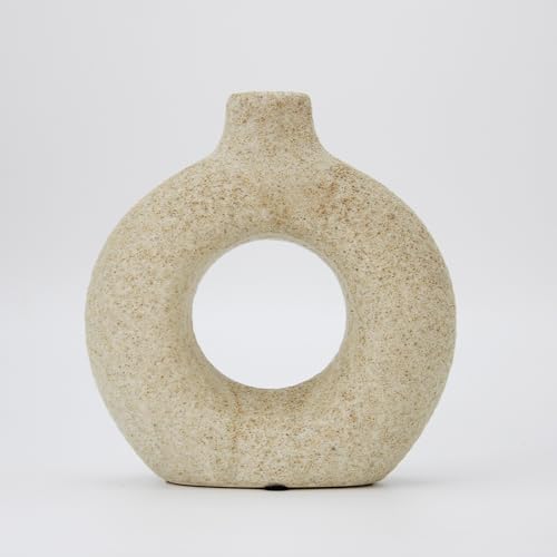 Beige Donut Hollow Ceramic Vase, Modern Minimalist Vase for Home Decor, Small Boho Vase for Dining Table, Desk, Farmhouse，Living Room, Handmade for Fresh/Dried Flowers - color: Beige D