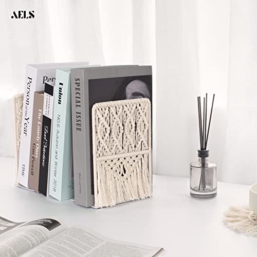 AELS Boho Macrame Bookends with Tassels, Heavy Duty Metal Book Ends, Decorative Unique Bookend Supports for Shelves, Stopper for Books/Movies/CD, Farmhouse Decoration,Thanksgiving - color: Beige(diamond)
