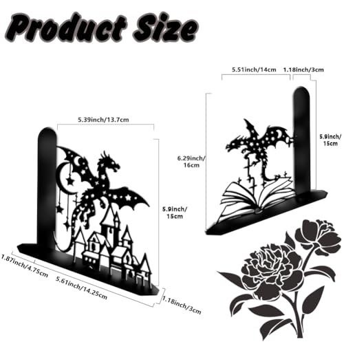 2Pcs 2 Styles Metal Dragon Bookends Black Book Stopper Fantasy Dragon Pattern Black Decorative Heavy Duty Metal Book Ends for Shelves Office Desk Organizer Stylish 7.48 x 6.3 x 1.18 Inch - color: Dragon