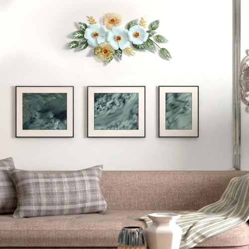 Otoolling 13.7'' Metal Flower Wall Decor, 3D Light Blue & Gold Floral Sculpture with Green Leaves, Hanging Wall Art Accent for Living Room, Bedroom, Bathroom, Home Indoor Outdoor Decoration - style: Classic Style