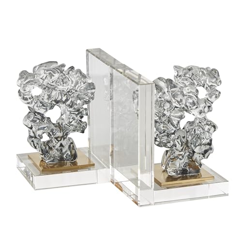 Deco 79 Glass Handmade Decorative Bookends Freeform Non Skid Bookends with Clear Gold Supports, Set of 2 Office Bookends5 W, 6" H, Clear - size: 5"W, 6"H