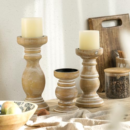 NIKKY HOME Rustic Pillar Candle Holder Set of 3 - Farmhouse Wooden Candlestick Stand for Mantle, Fireplace, Living Room, Brown - color: Brown