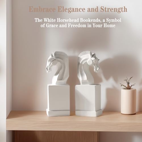 Decorative Horse Bookends Sculptural - Modern Minimalist Resin Bookends for Shelves - Heavy Duty White Book Holder for Modern Living Room Home Library Office Desk, Gift for Book Lovers