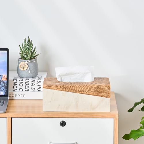Rectangular Natural Travertine and Rustic Wood Textures Tissue Box Cover for Bathroom,Livingroom,Bedroom, Hand-Made Resin Wood Inlaid Travertine Tissue Box Holder,10 x 5.7 x 4.5 in - color: C-brown&beige