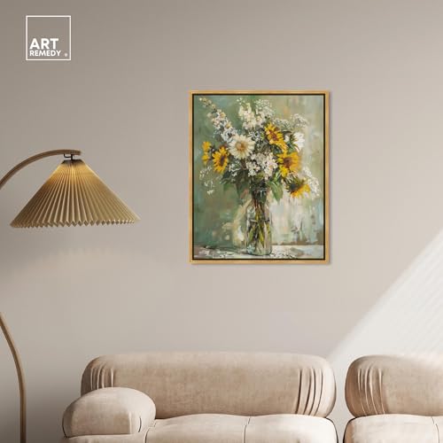 Art Remedy Sunflowers In A Glass Vase Canvas Vintage Farmhouse Wall Art, Gold Frame, 24" x 30" - color: Gold Frame, size: 31"L x 25"W