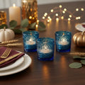 12 Pack Patented Sun Moon Star Embossed Glass Tea Light Candle Holders - Unique Votive Candle Holders for Wedding, Party, and Table Centerpieces (Ocean Blue) - color: Ocean Blue