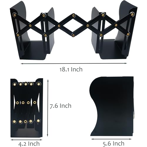 Metal Bookends, Book Ends for Heavy Books, Adjustable Book Holder for Shelves, Book Stopper for Home/School/Office, Extends up to 19 inches, Black - color: Black-new