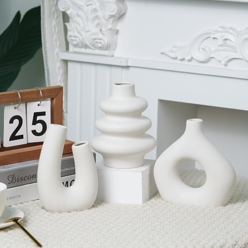CUCUMI Ceramic Flower Vase Set of 5 Modern Nordic Boho Style Decorative Vases Home Decor, Matte Ceramic Decorations for Living Room Shelf, Bookshelf Mantle Entryway Table or Console Décor - color: 5 Pack-warm White