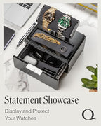 QWATCH Watch Stand Display Case - Acrylic Watch Box for 2 or 4 Watches with Jewelry Valet Tray and Drawer - color: Single - Black / Charcoal
