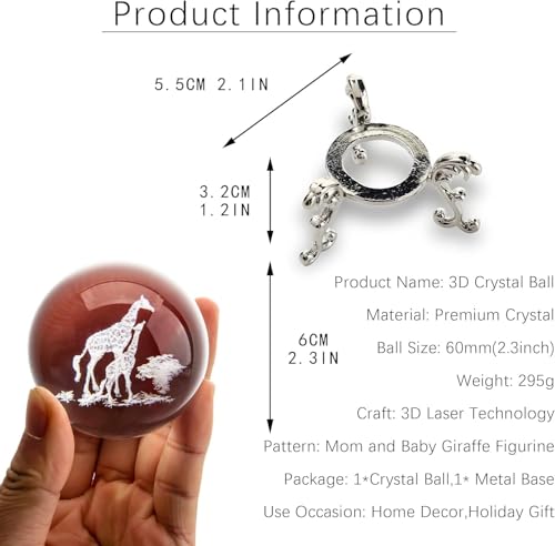 3D Laser Engraved Mom and Baby Giraffes Crystal Ball Paperweight Art Glass Animals Figurine Collectibles Glass Decorative Full Sphere with Stand Giraffe Gifts - color: Giraffe