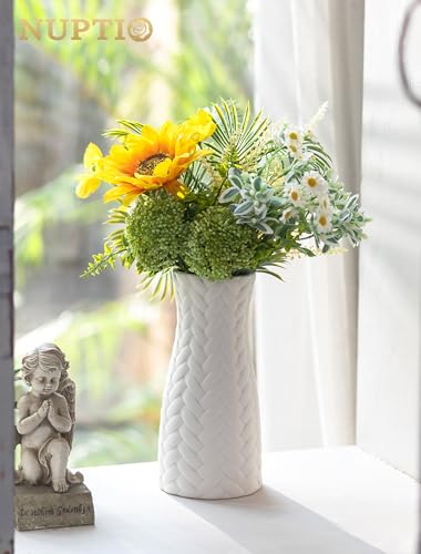NUPTIO White Ceramic Flower Vase: 8.6" Tall Unglazed Pampas Grass Vases for Building Block Flowers - Modern Decorative Table Centerpiece for Home Living Dining Room Kitchen Decor - style: Woven