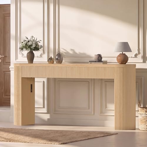 Itaar 63" Fluted Console Table with 2 Drawers, Modern Entryway Table with Storage, Long Sofa Table Behind Couch for Living Room, Hallway, Couch, Foyer, Oak - color: Oak
