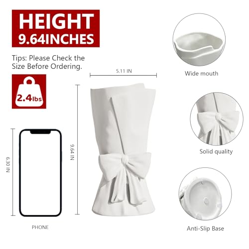 Relexome White Ceramic Bow Vase Unique Cute Decorative Bouquet Flower Vases 9.64 in Mother's Day Spring Decor Vase - color: Matte White