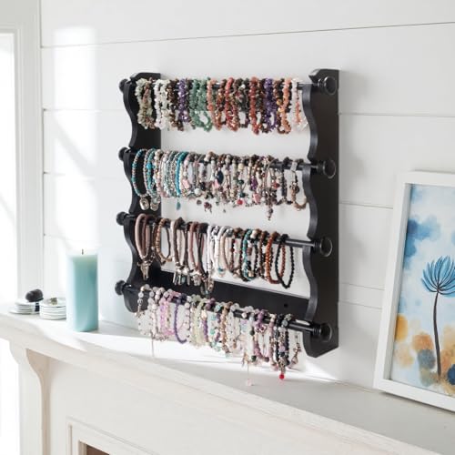 4-Tier Wooden Bracelet Holder Wall-Mounted – Black Jewelry Display Stand for Bracelets, Bangles, Watches– Rustic Wall Jewelry Organizer for Home, Store, or Craft Show – Bracelet Display Rack - style: Wall-Mounted–Black
