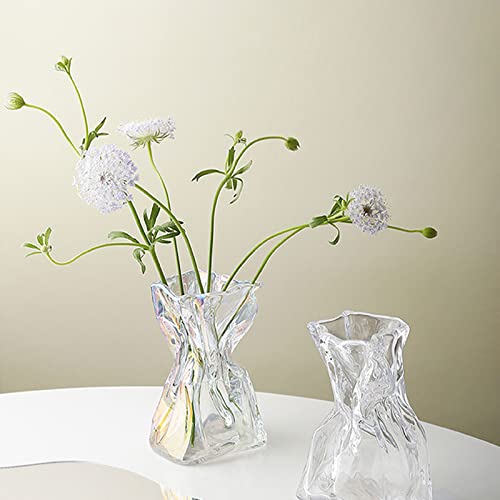 Irregular Shaped Vase for Flower, Unique Matte Glass Vase with Rope Crinkle Paper Design Hydroponic Art Flower Vase for Wedding, Dinning, Bookshelf, Home Decoration or Gift(Transparent)
