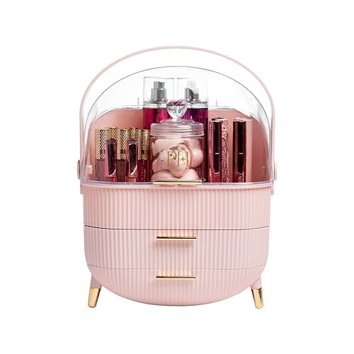 Paris Hilton Makeup Storage Organizer with Lid, Cosmetics and Skincare Organizer for Vanity, Portable Makeup Storage Box for Countertop, Fluted Design with Gold Accents, Pink - style: Organizer Box