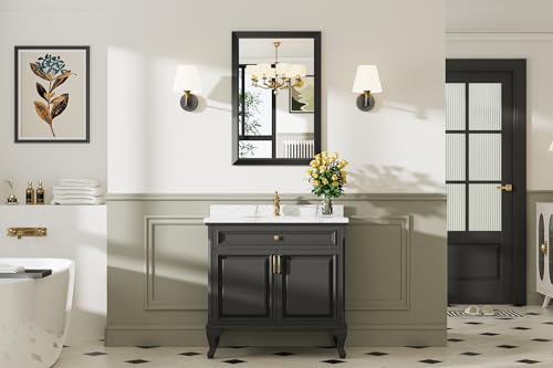 Briivue 24x36 Inch Black Bathroom Mirror for Wall, Thick Metal Framed Rectangle Mirrors for Over Sink, Bedroom, Living Room, Entryway, Anti-Rust, HD Tempered Glass - color: Black, size: 24"L x 36"W