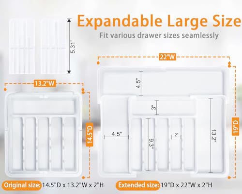 Homecor Silverware Organizer for Kitchen Drawer, Expandable Utensil Drawer Organizer with 2 Knife Block, Flatware and Cutlery Holder, Adjustable Plastic Storage for Spoons Forks Knives - color: White