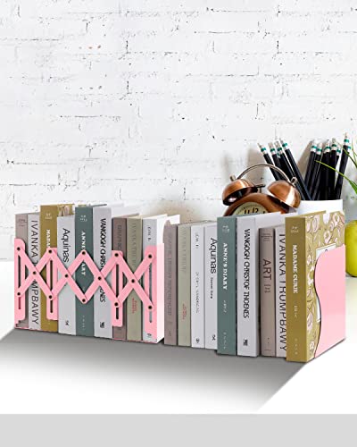 Honagu Adjustable Bookends, Metal Book Ends for Shelves Heavy Book, Desk Magazine File Organizer for Home, Office, Books, Papers, Extends up to 19 inches, for Students,Teachers (Pink) - color: Pink