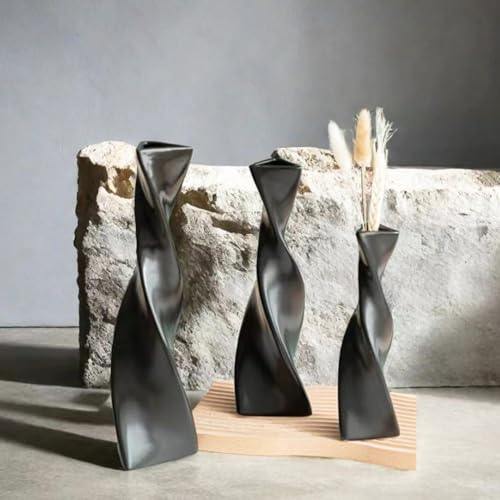 7.28 Inch Black Small Ceramic Bud Vase Tall Twisted Minimalist Vase for Single Stem Flowers Narrow Neck Decorative Floral Bottle Home Office Table Decor