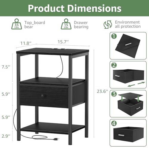 BOLUO Black Nightstand with Charging Station, LED Night Stand with Fabric Drawers and Shelf, Bedside Table with USB Ports and Outlets, Bedroom Nightstand Modern - color: B.black