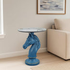 Modern Accent Table Living Room Horse Statue Blue and White Contemporary‌ Faux Marble Night Stand Side Table with Horse Head Base Reception Area & Bedroom（Width 19.69" ——Tall 24.8"） - style: Blue white horse head table