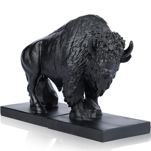 Decorative Bookends, Art Book Ends for Heavy Books, Heavy Bookends for Shelves, Vintage Non-Slip Base Book Holder, Resin Book Stopper for Home Office Decor (Black Buffalo) - color: Black Buffalo