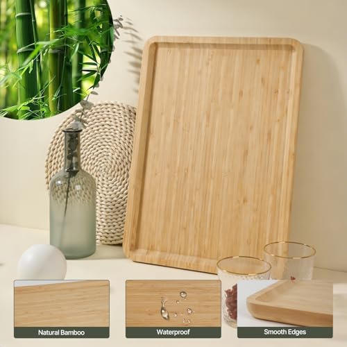Bamboo Serving Tray Rectangle Platter Breakfast Dinner Food Bed Tray for Eating Kitchen Restaurants (1, 14.2" x 9.5" x 0.8" (no Handle)) - size: 14.2" x 9.5" x 0.8"