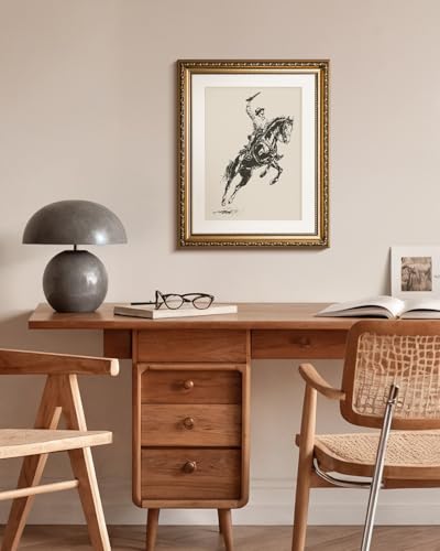HUARCEY Vintage Western Wall Art Framed Canvas 13x16, Rustic Cowboy Riding Horse Illustration Line Art, Traditional Embossed Gold Frame Classic Western Ranch Living Room Office Study Home Decor - color: To the West, size: 16"L x 13"W