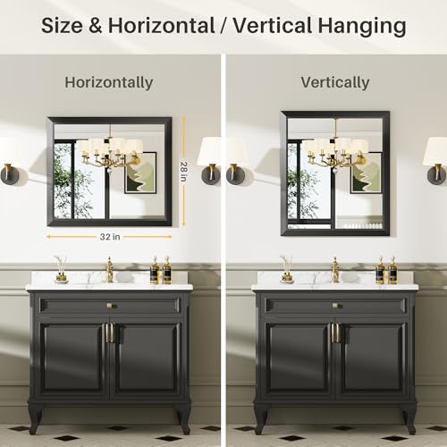 Briivue 28x32 Inch Black Bathroom Mirror for Wall, Thick Metal Framed Rectangle Mirrors for Over Sink, Bedroom, Living Room, Entryway, Anti-Rust, HD Tempered Glass - color: Black, size: 28"L x 32"W